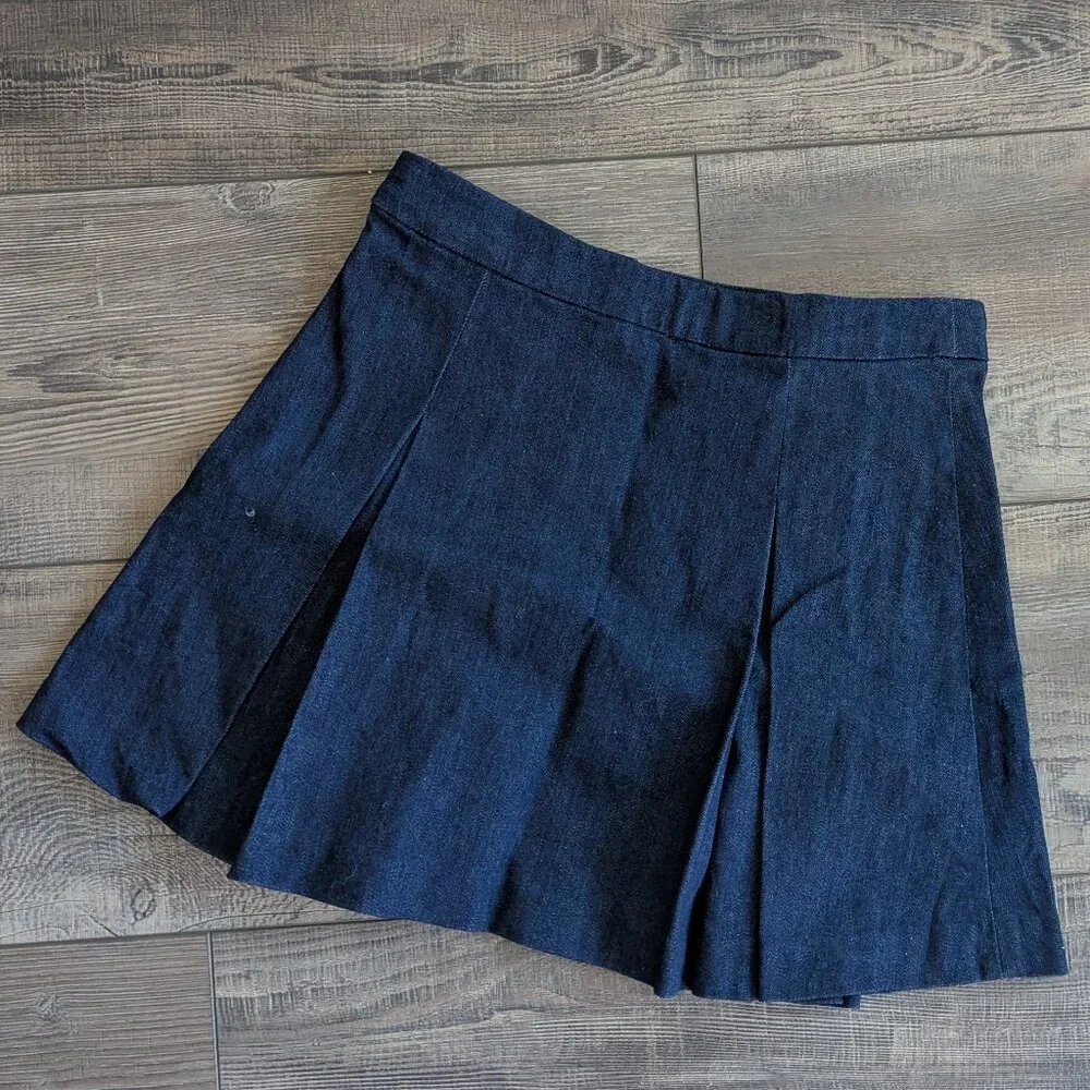 Jacadi Girl's Gold Snaps Pleated Schoolgirl Preppy Modern Jean Denim Skirt 8A - Picture 4 of 6